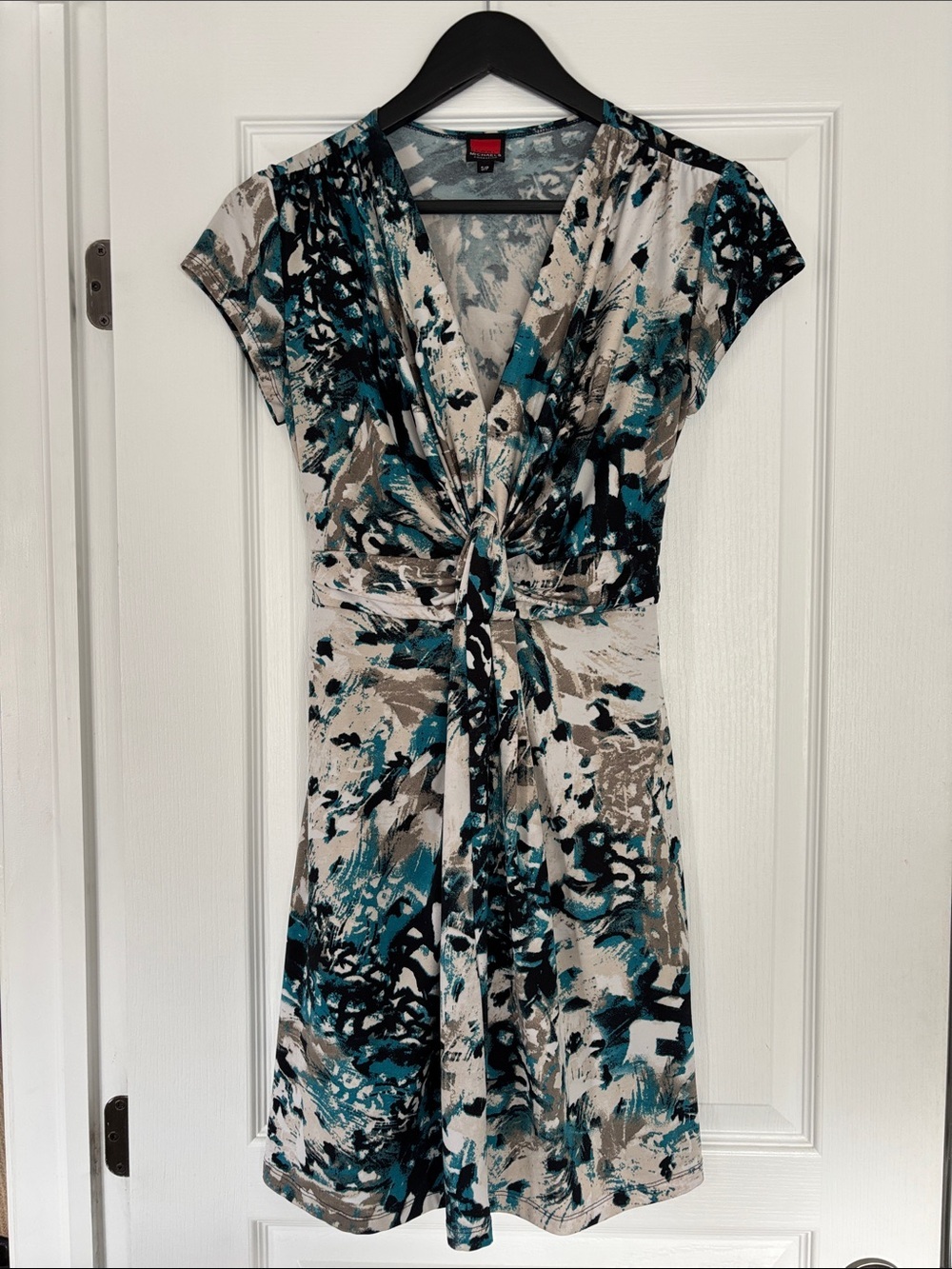 Twist-Front Teal, Cream & Gray Midi Dress